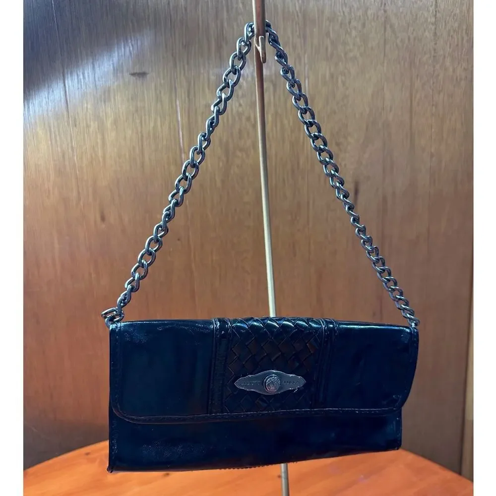 Elliott Lucca Black Patent Leather Clutch with Chain Strap